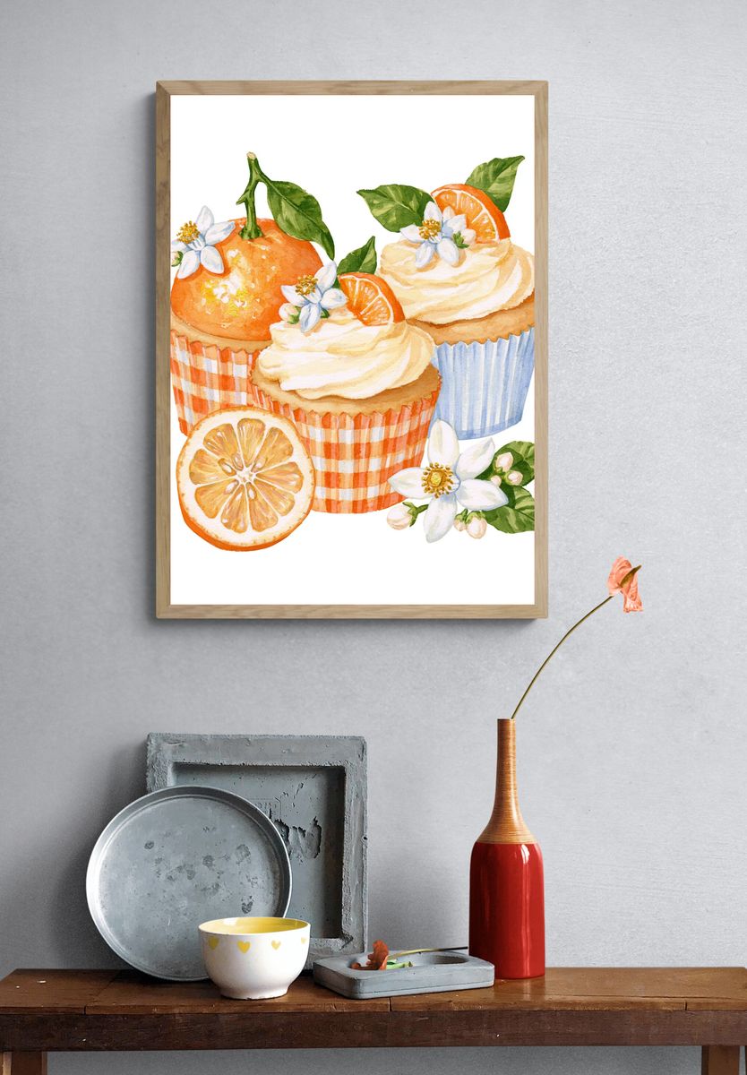 Orange Cupcakes Watercolor Print. — room view 3