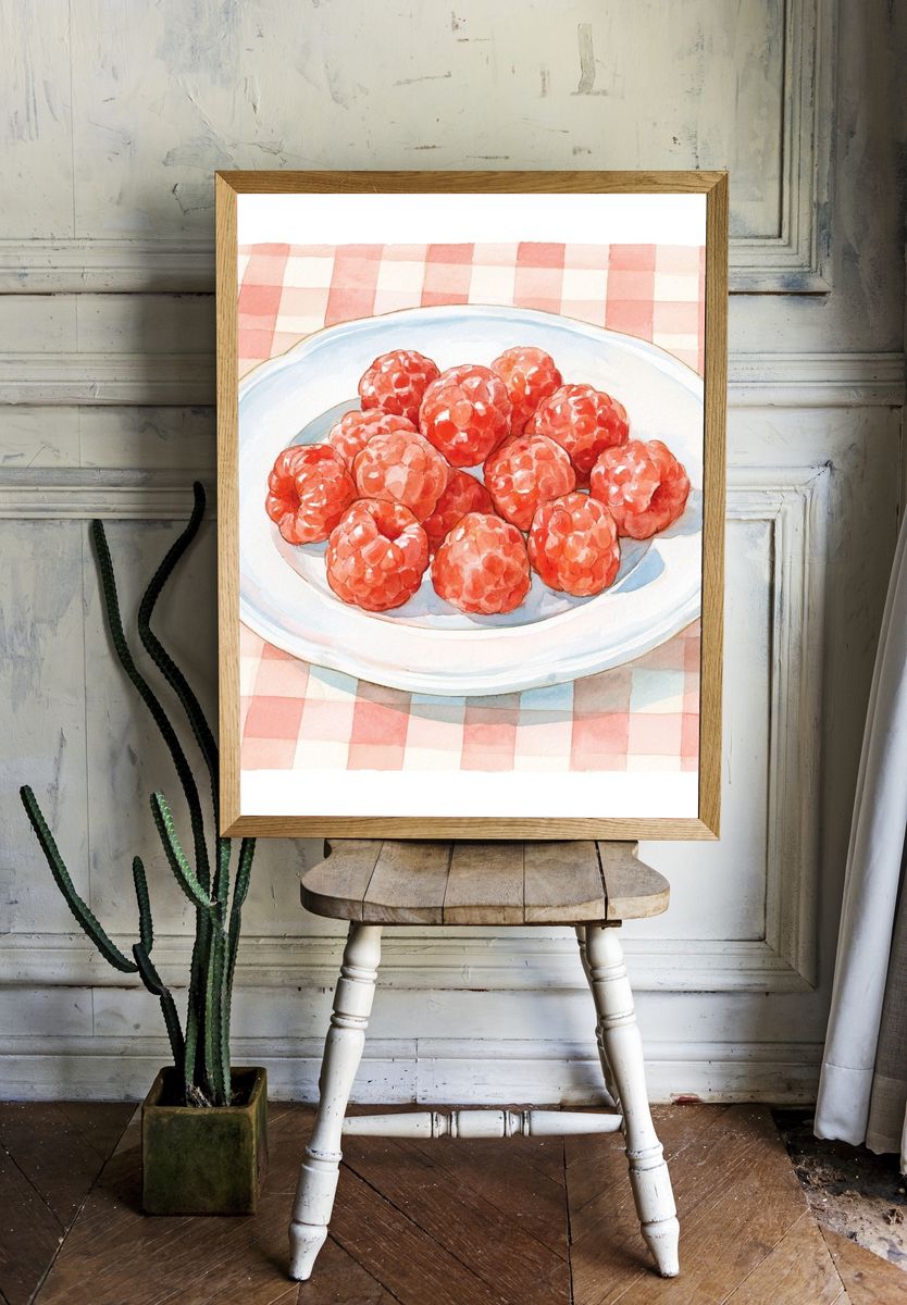 Raspberries on Plate Watercolor Poster. — room view 1