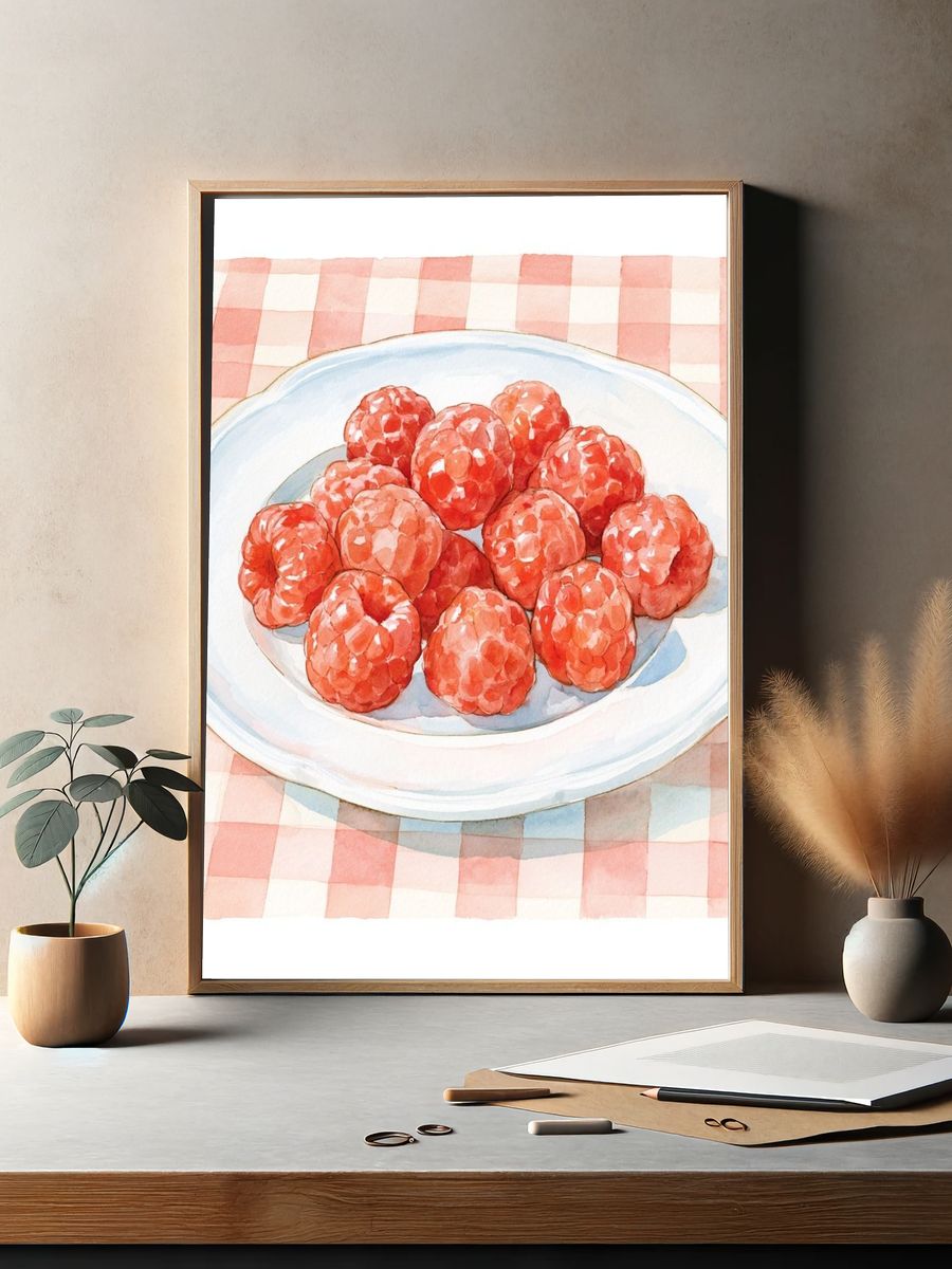Raspberries on Plate Watercolor Poster. — room view 2