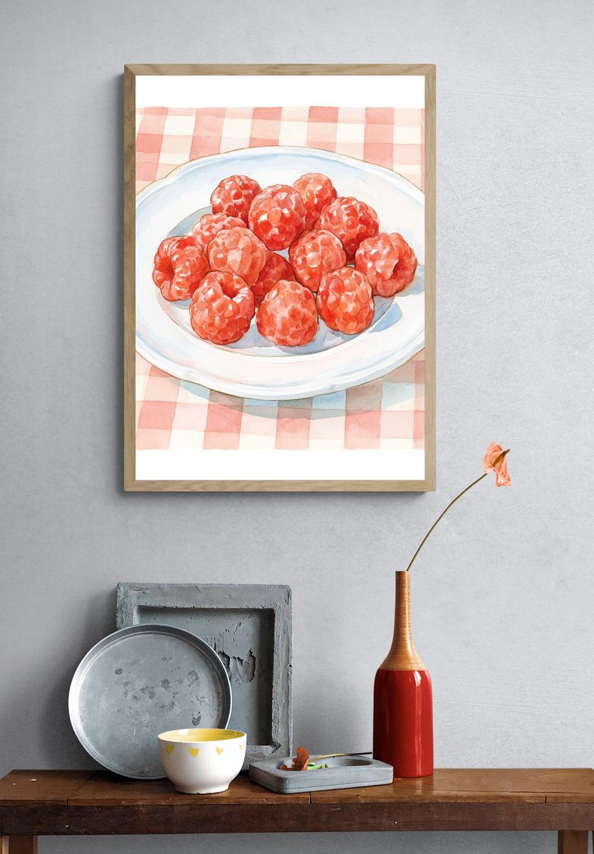 Raspberries on Plate Watercolor Poster. — room view 3
