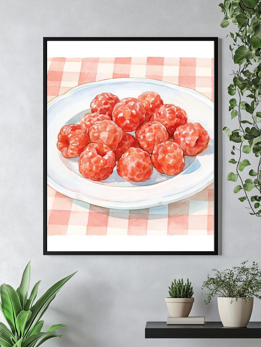 Raspberries on Plate Watercolor Poster. — room view 4