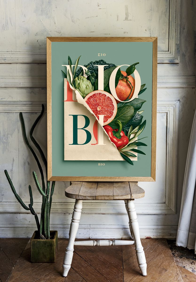 Bio Fruit Collage Typography Poster. room preview
