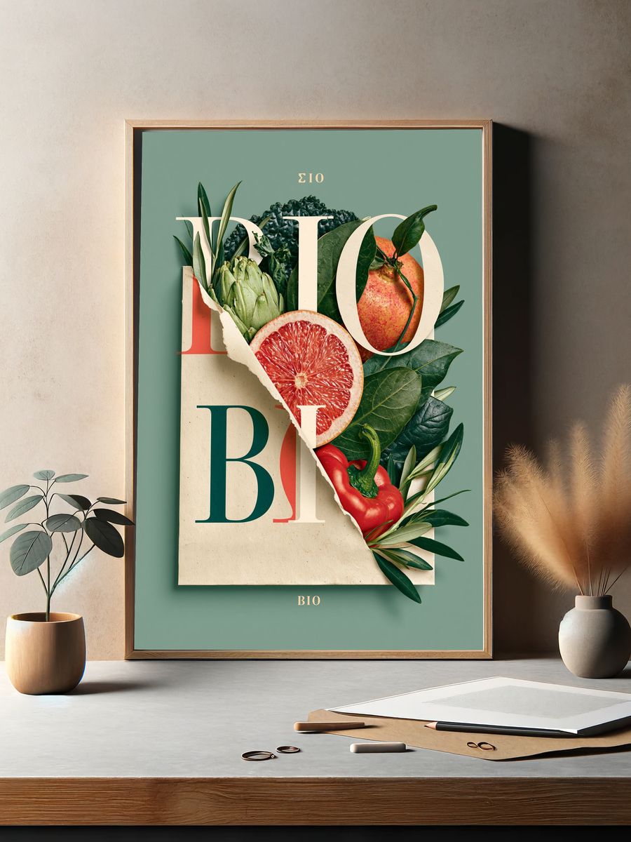 Bio Fruit Collage Typography Poster. — room view 2