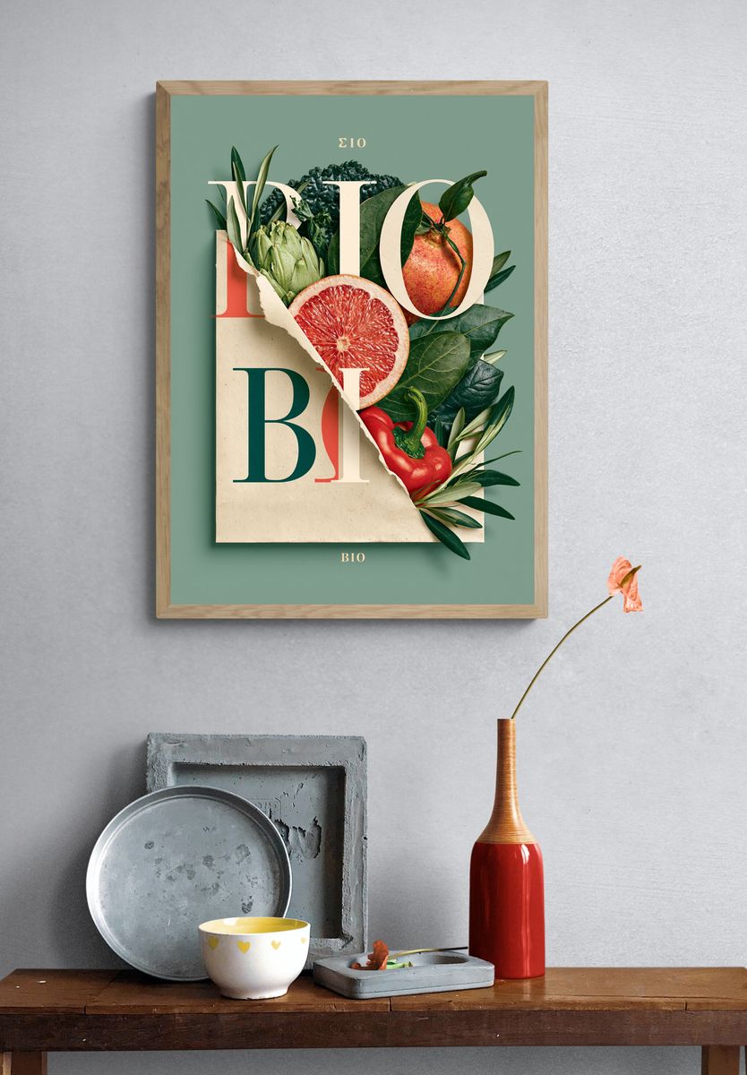 Bio Fruit Collage Typography Poster. — room view 3