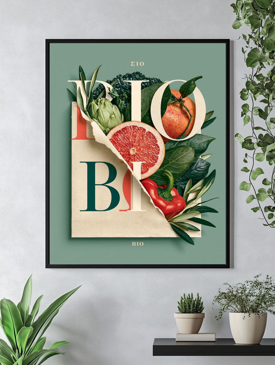 Bio Fruit Collage Typography Poster. — room view 4