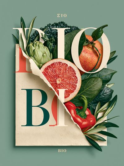 Bio Fruit Collage Typography Poster.