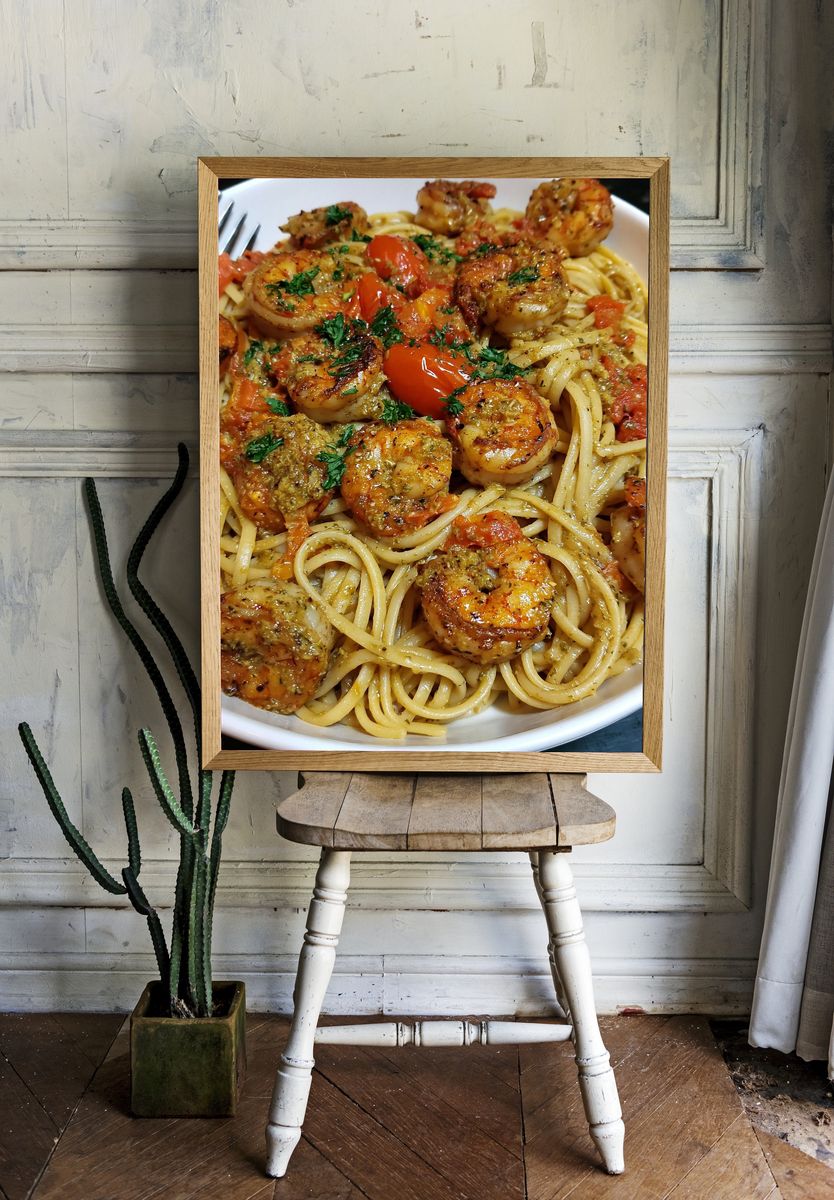 Shrimp Pasta Food Photography Poster. room preview