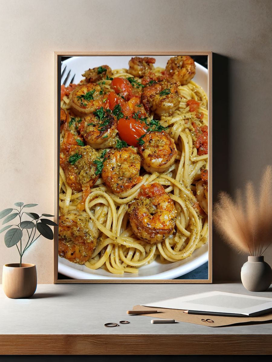 Shrimp Pasta Food Photography Poster. — room view 2