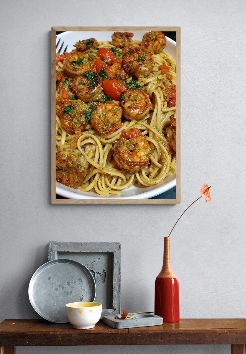 Shrimp Pasta Food Photography Poster. — room view 3