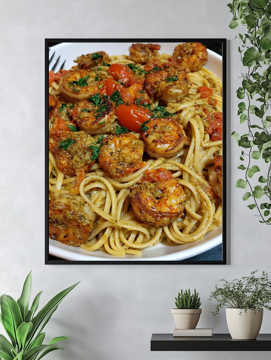 Shrimp Pasta Food Photography Poster. — room view 4