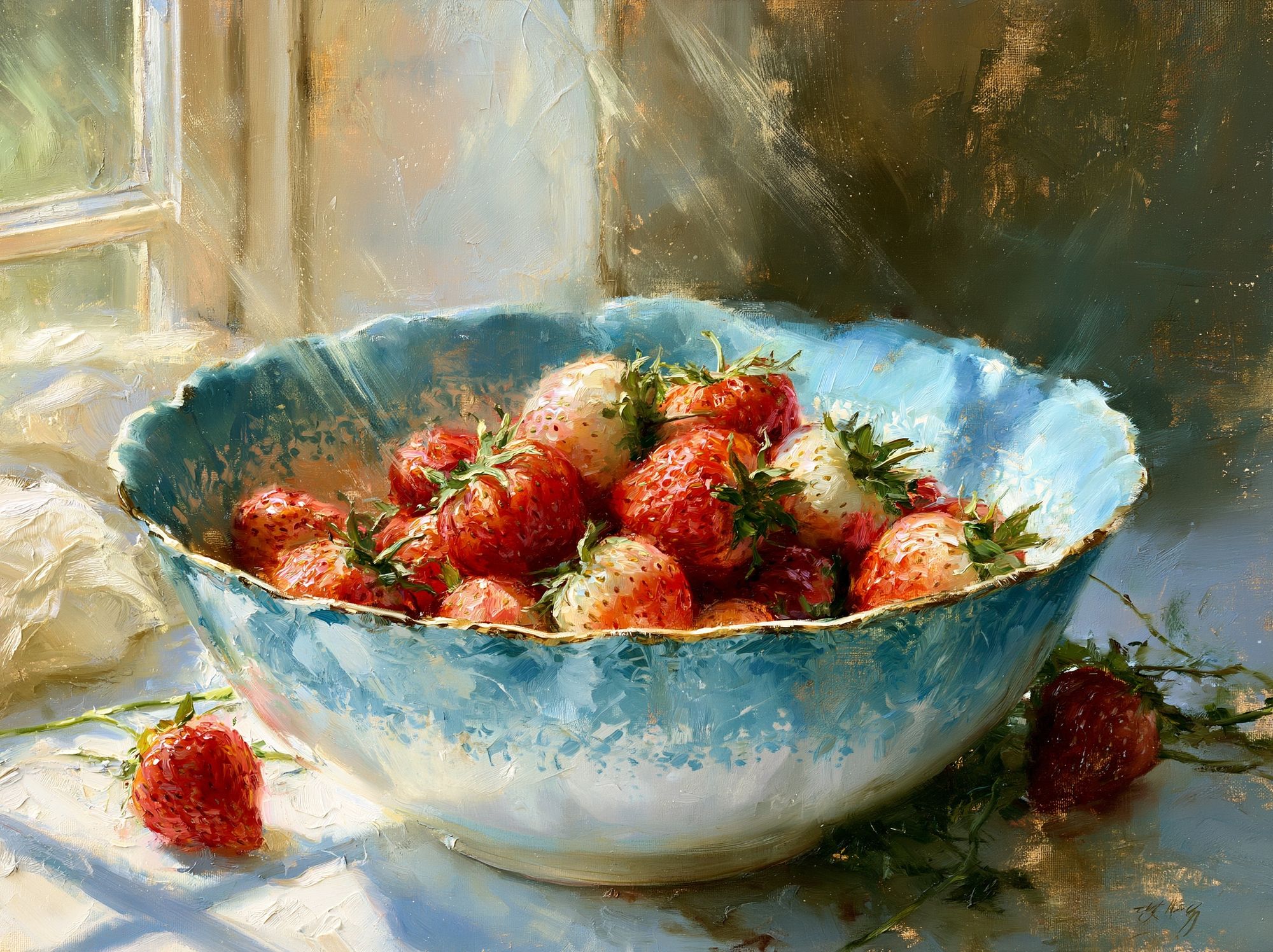 Strawberries in Blue Bowl Print. poster detail