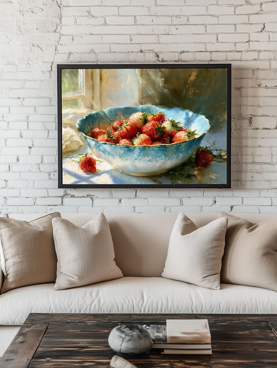Strawberries in Blue Bowl Print. room preview