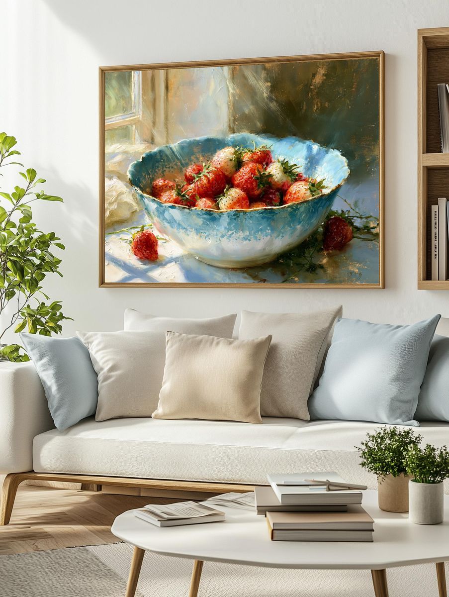 Strawberries in Blue Bowl Print. — room view 2