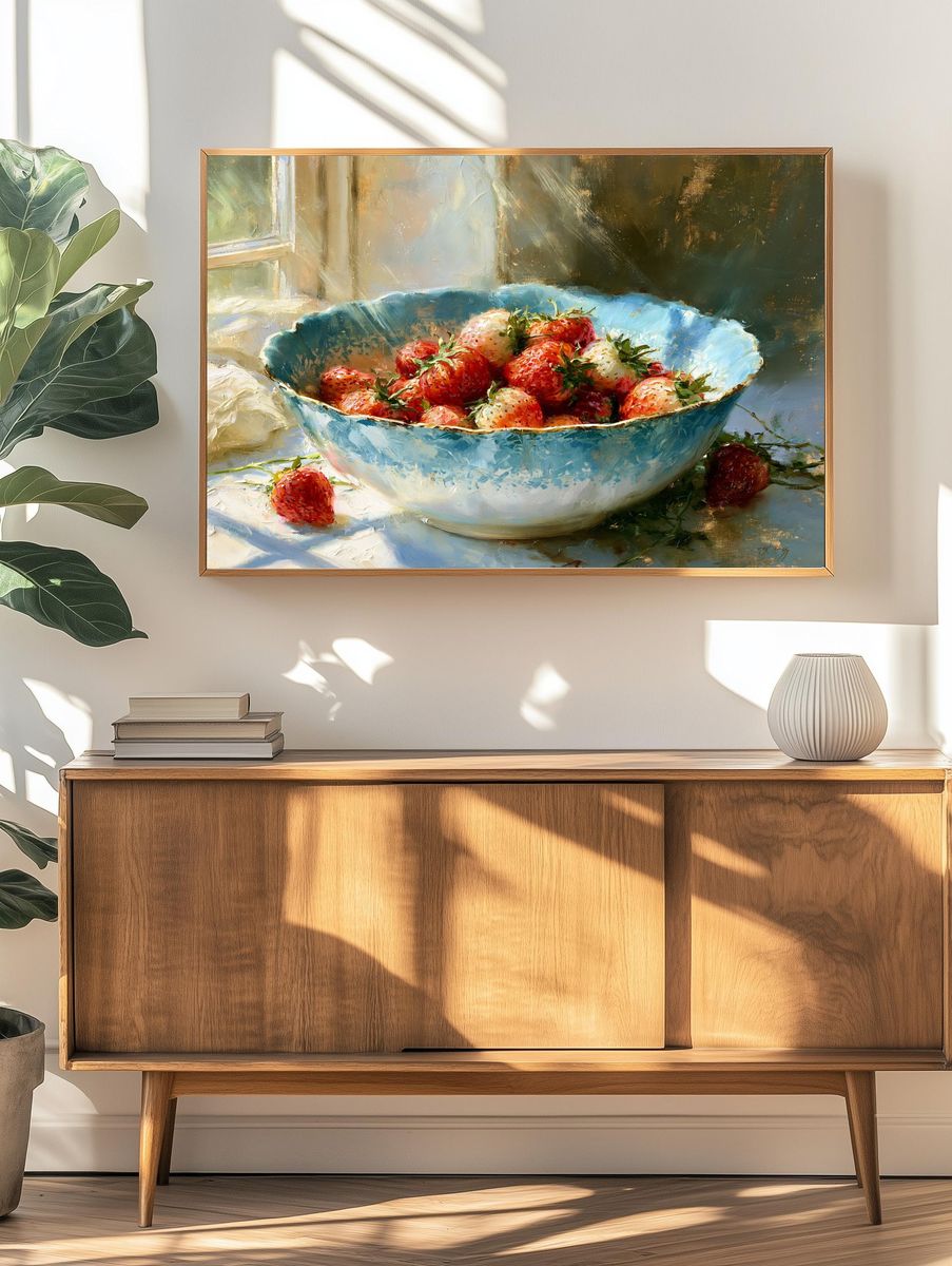 Strawberries in Blue Bowl Print. — room view 3