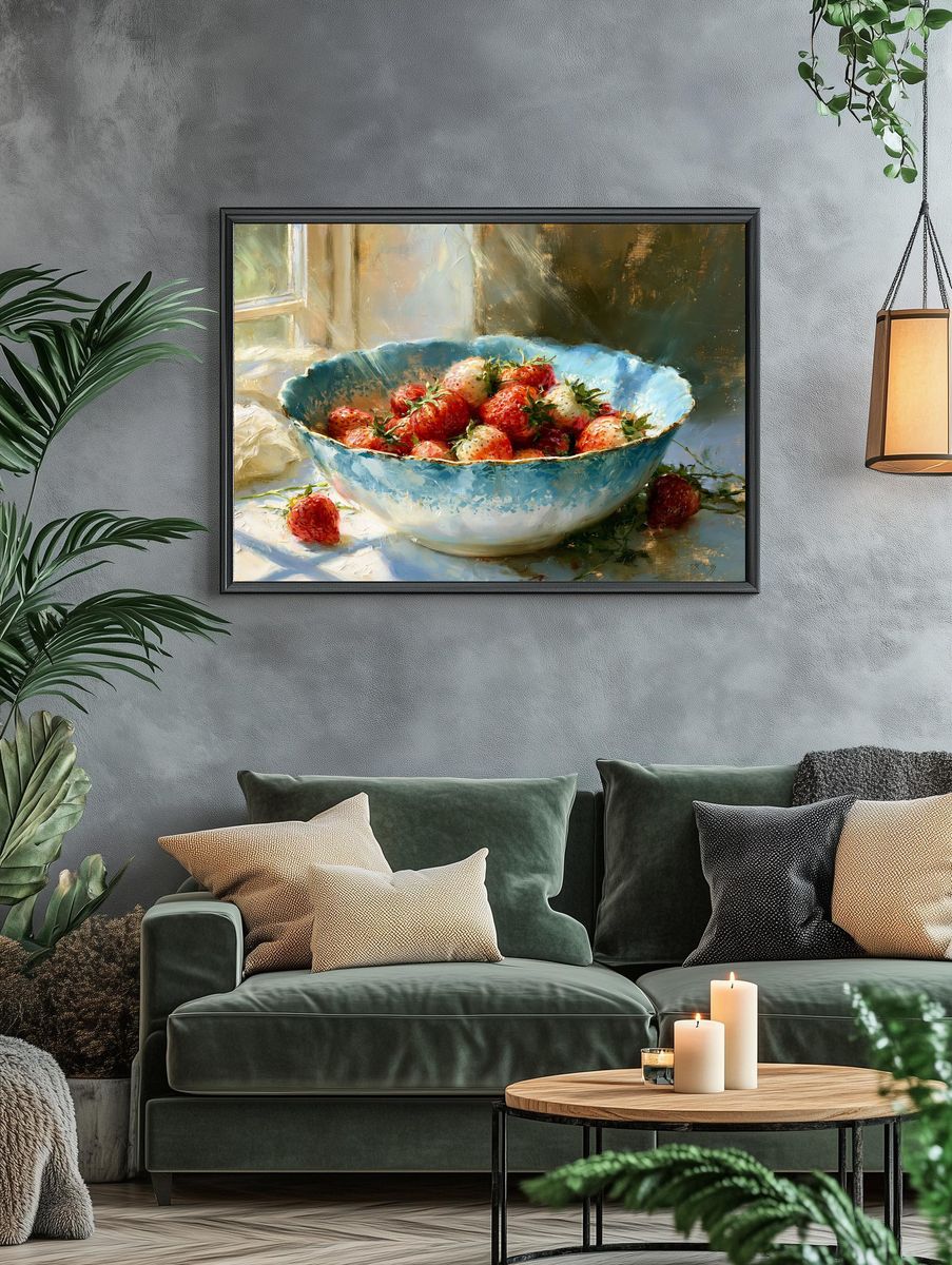 Strawberries in Blue Bowl Print. — room view 4