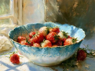 Strawberries in Blue Bowl Print. poster