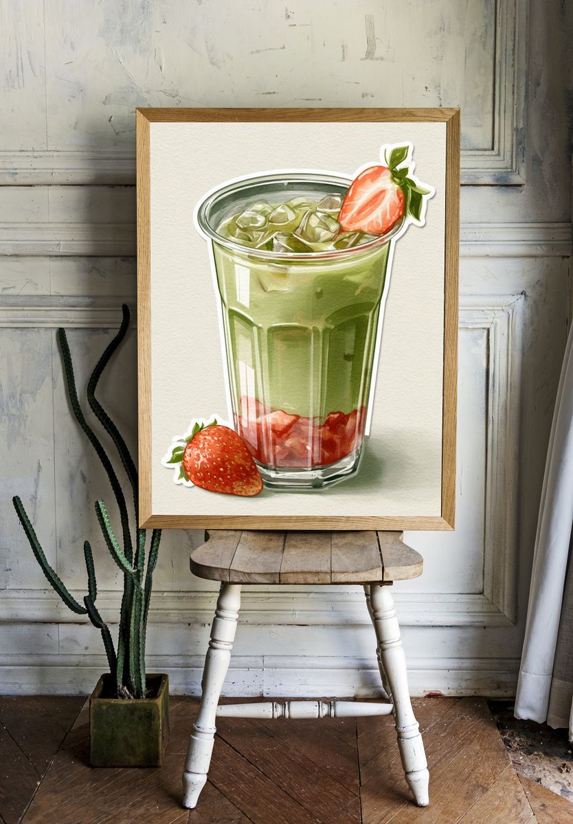 Strawberry Matcha Latte Illustration Print. room preview