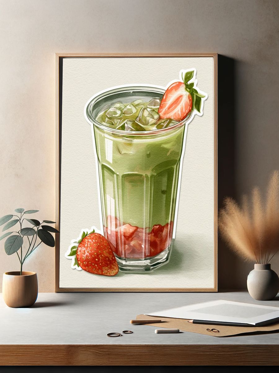 Strawberry Matcha Latte Illustration Print. — room view 2