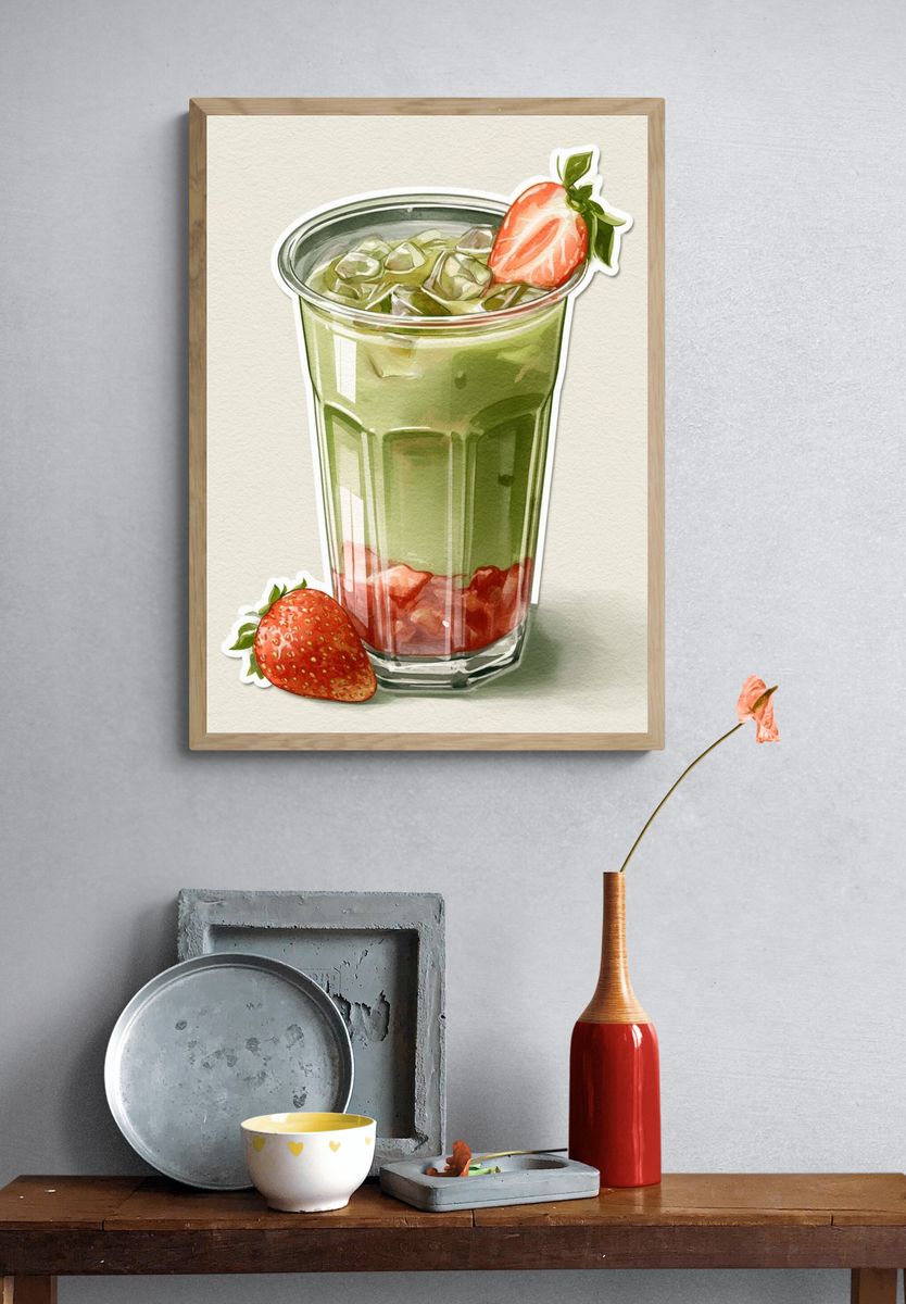 Strawberry Matcha Latte Illustration Print. — room view 3