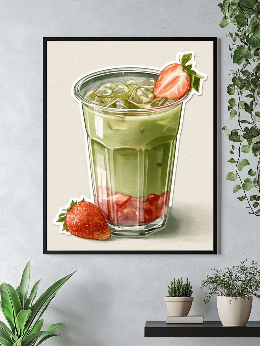 Strawberry Matcha Latte Illustration Print. — room view 4