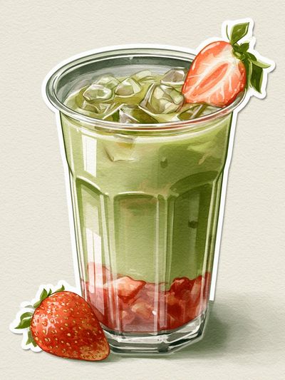 Strawberry Matcha Latte Illustration Print.