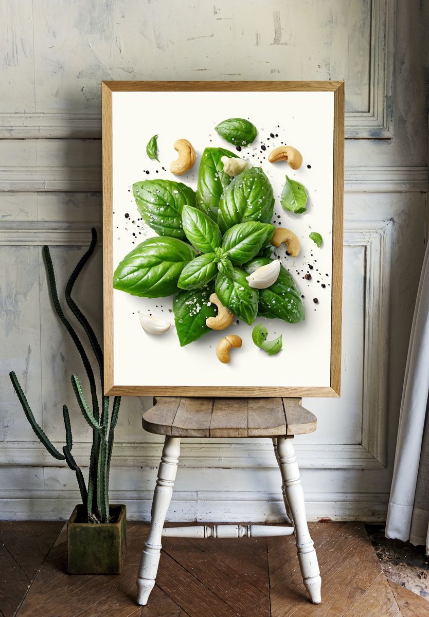 Basil and Cashew Still Life Print. room preview