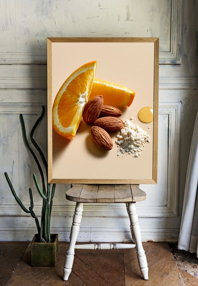 Orange and Almond Still Life Poster. room preview