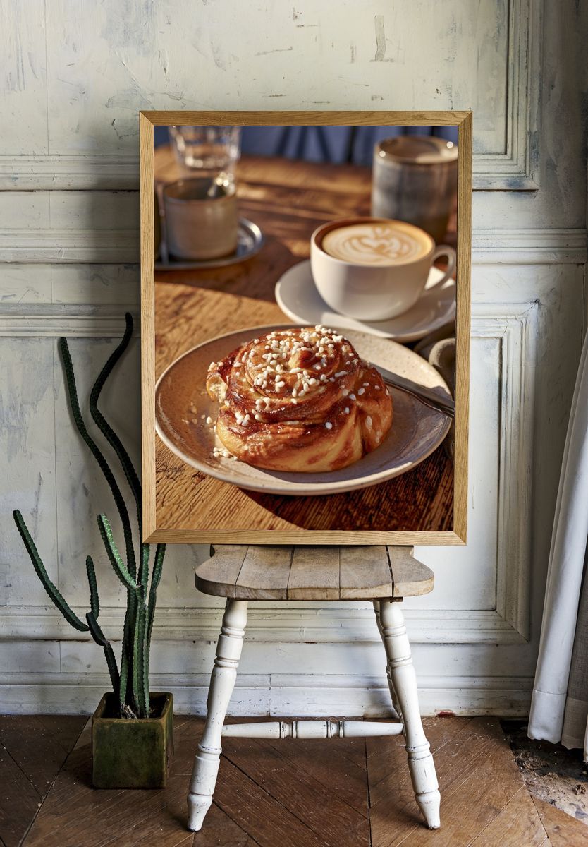 Coffee and Cinnamon Bun Photography Poster. room preview