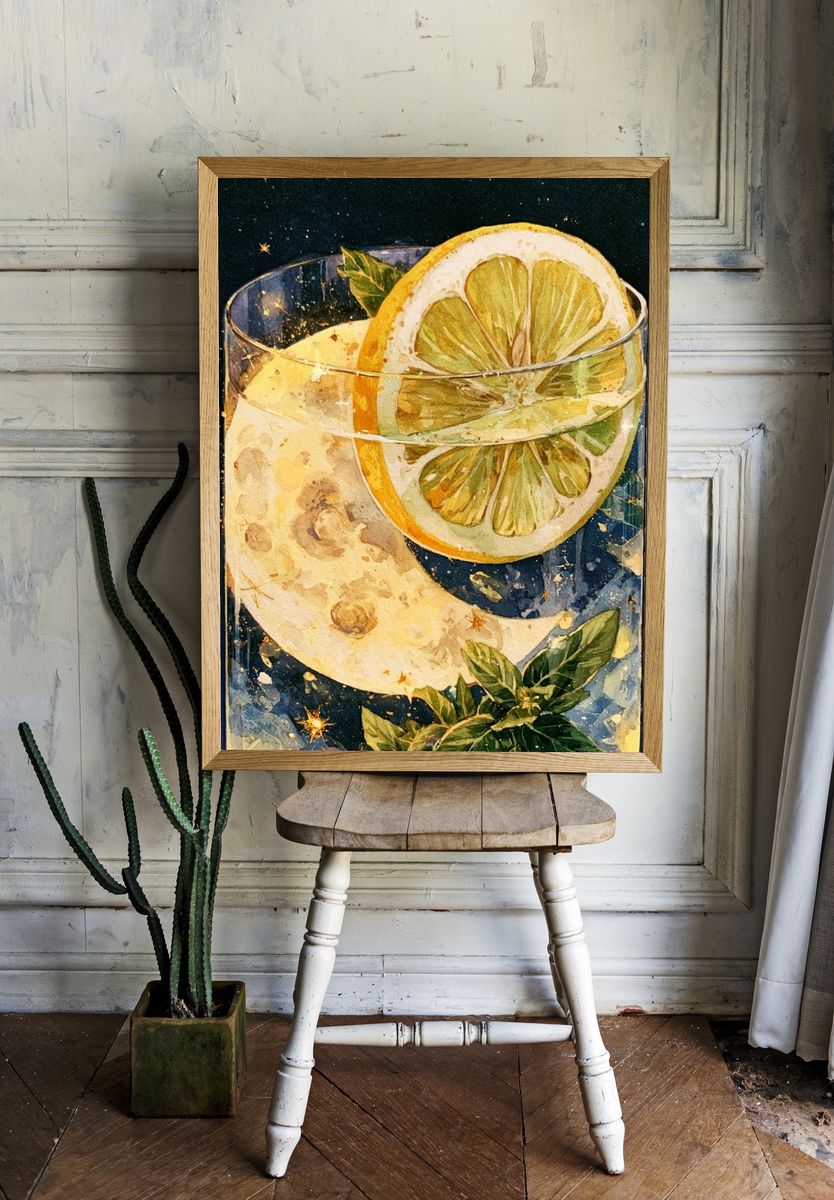 Lemon Moon Cocktail Illustration Poster. room preview