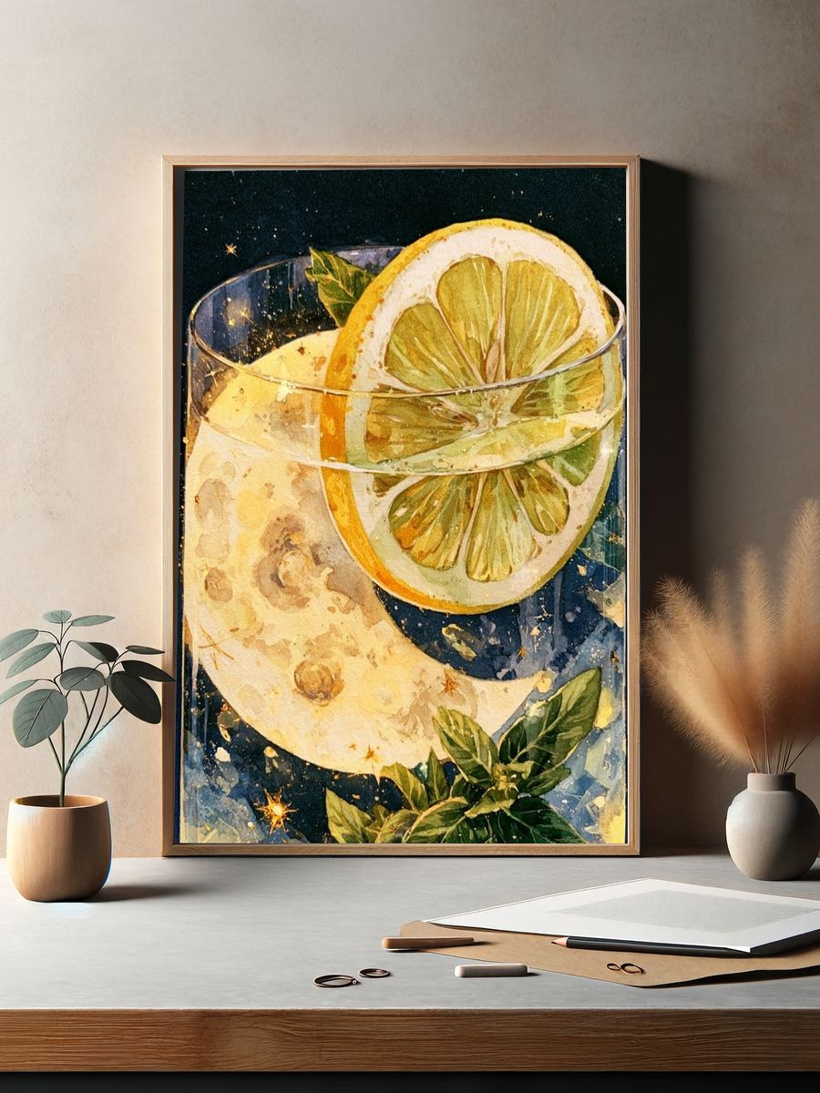 Lemon Moon Cocktail Illustration Poster. — room view 2