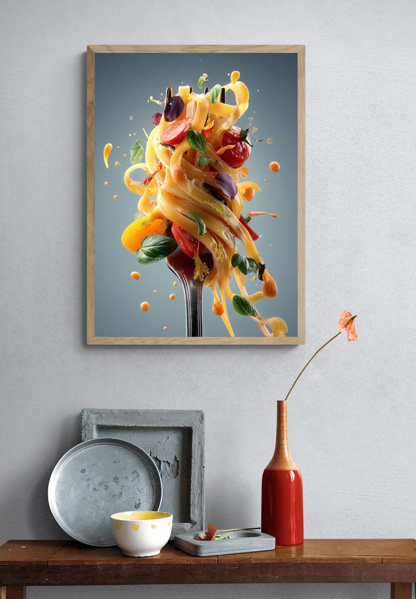 Floating Pasta Still Life Poster. — room view 3