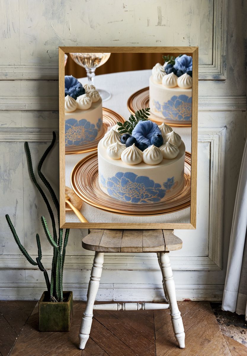 Blue Floral Cake Photography Poster. room preview