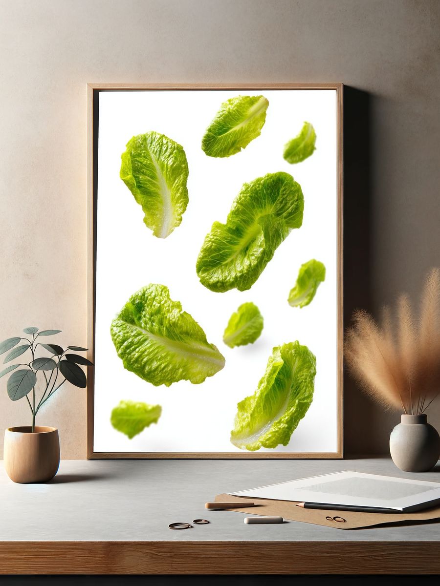 Floating Lettuce Leaves Photography Poster. — room view 2