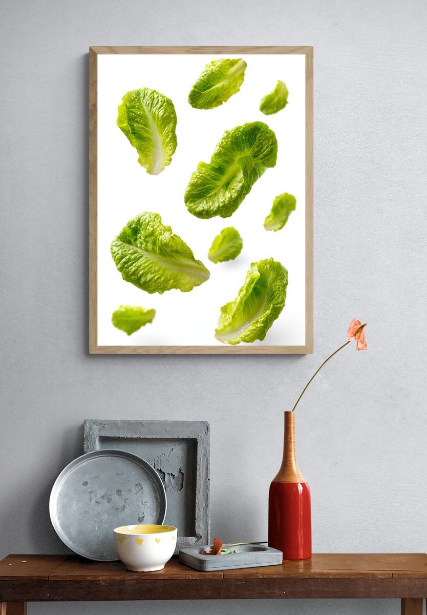 Floating Lettuce Leaves Photography Poster. — room view 3