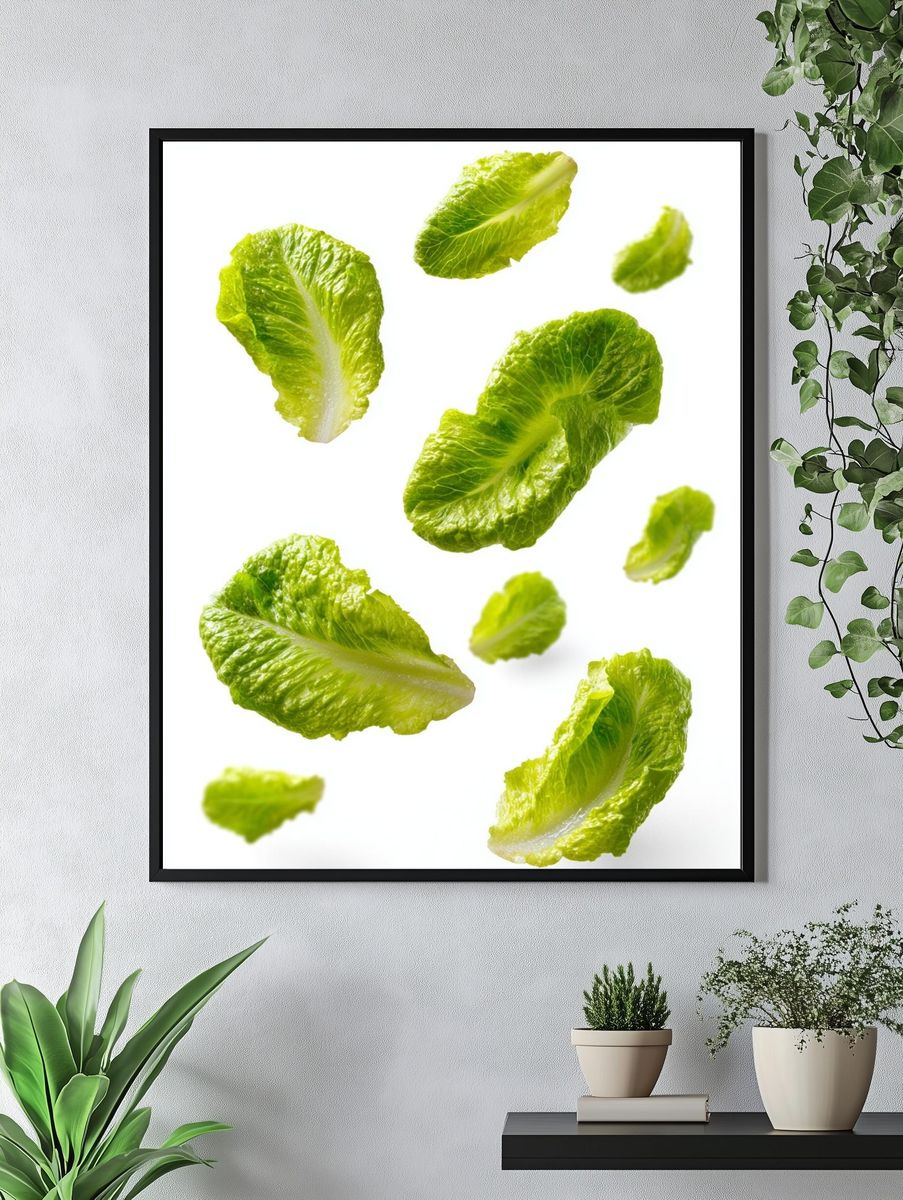 Floating Lettuce Leaves Photography Poster. — room view 4