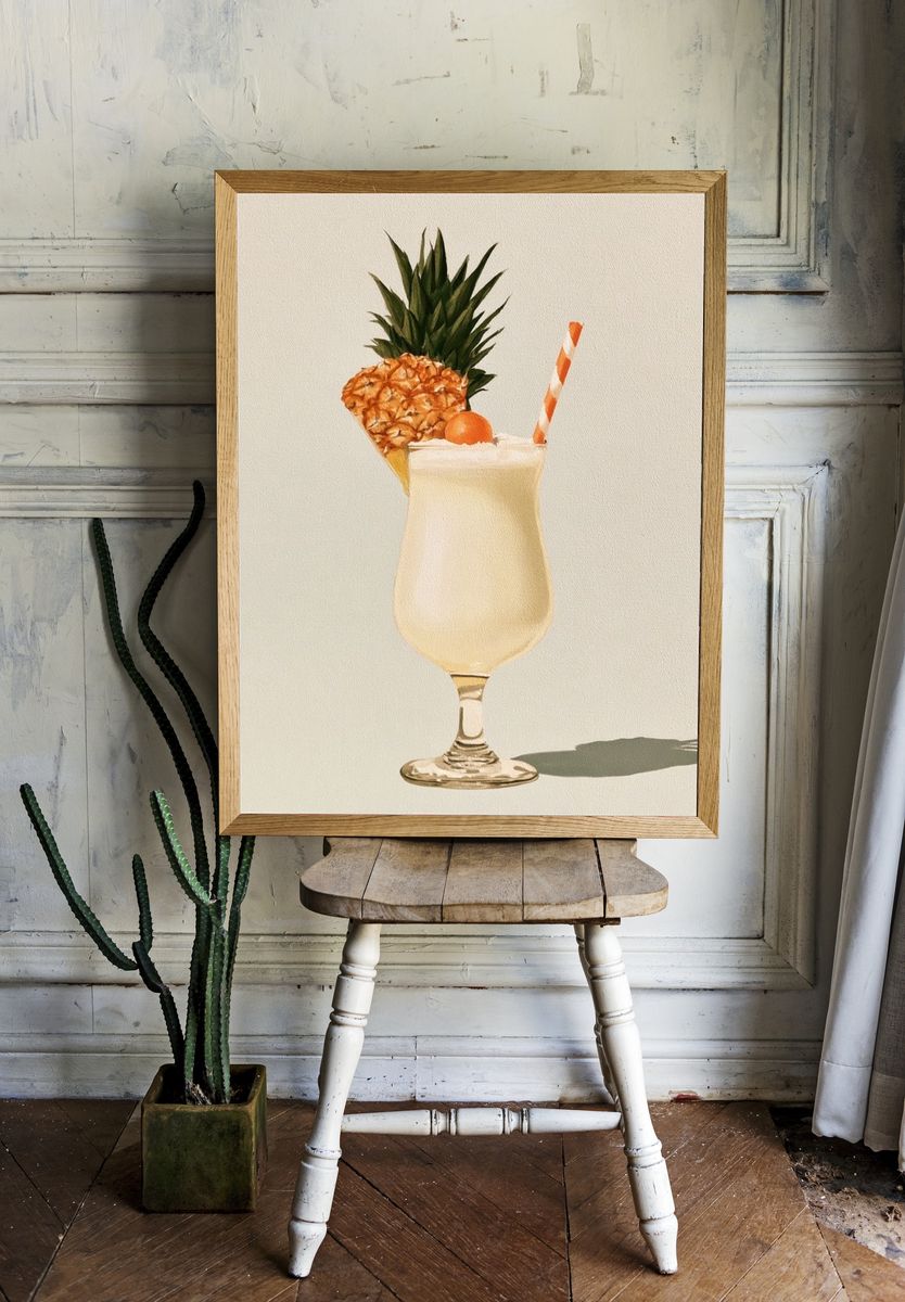 Pineapple Cocktail Watercolor Print. room preview