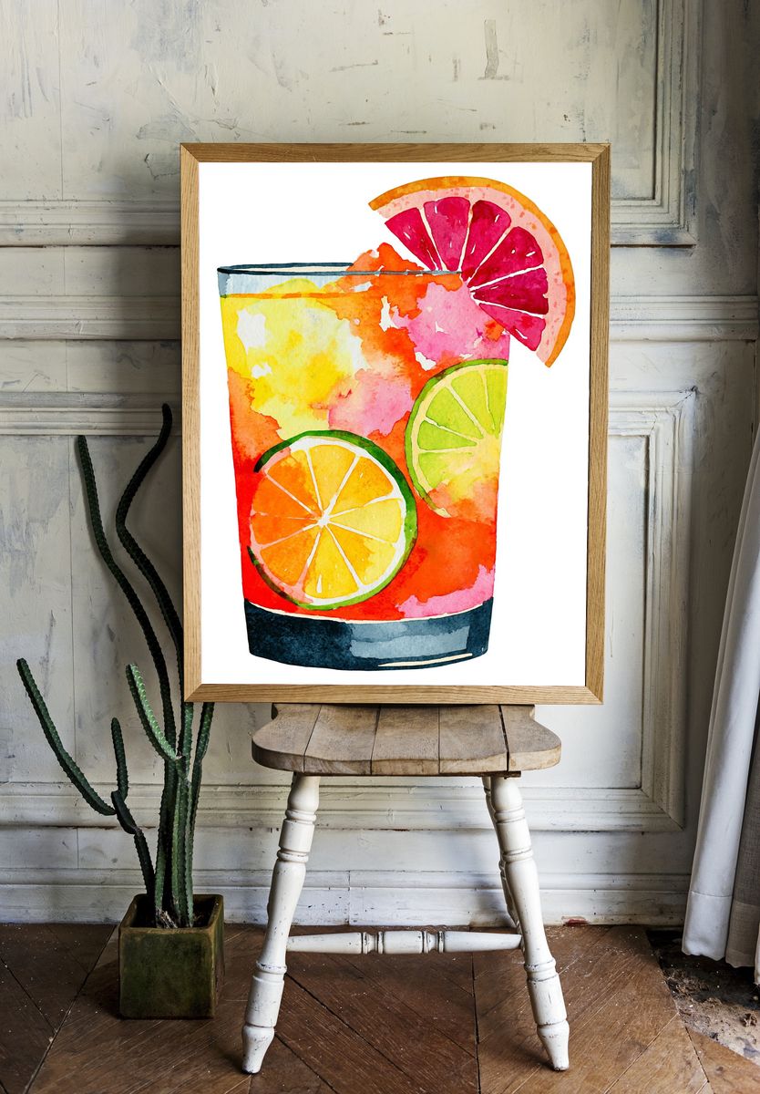 Citrus Cocktail Watercolor Print. room preview
