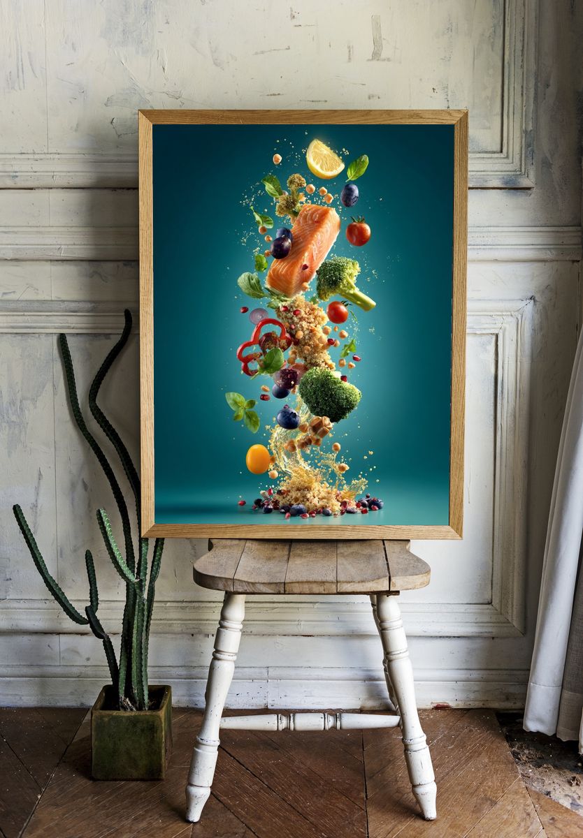 Floating Salmon and Produce Poster. room preview