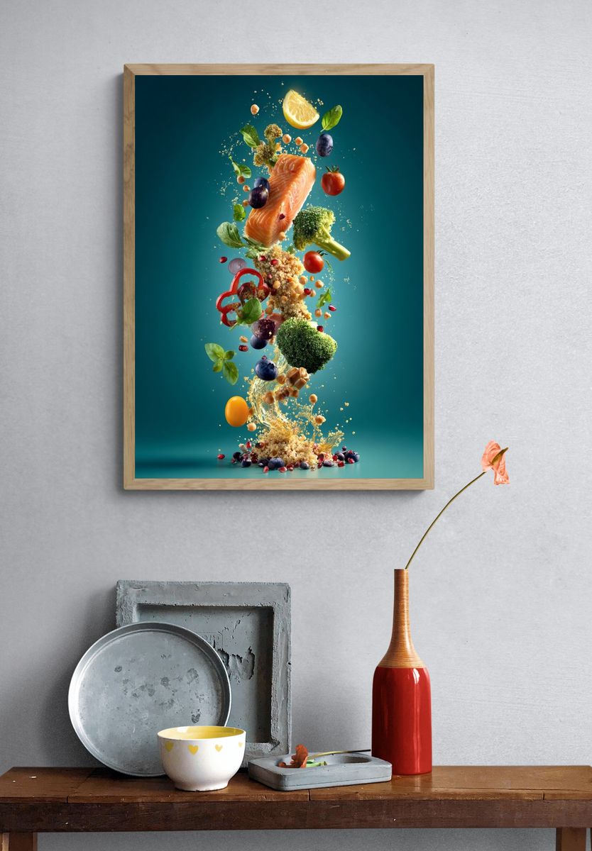 Floating Salmon and Produce Poster. — room view 3