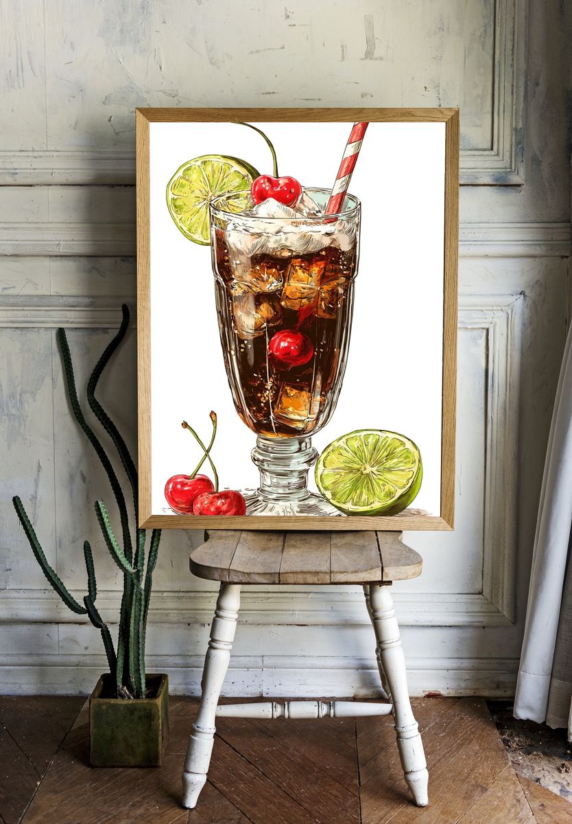 Cherry Cola Cocktail Illustration Print. — room view 1
