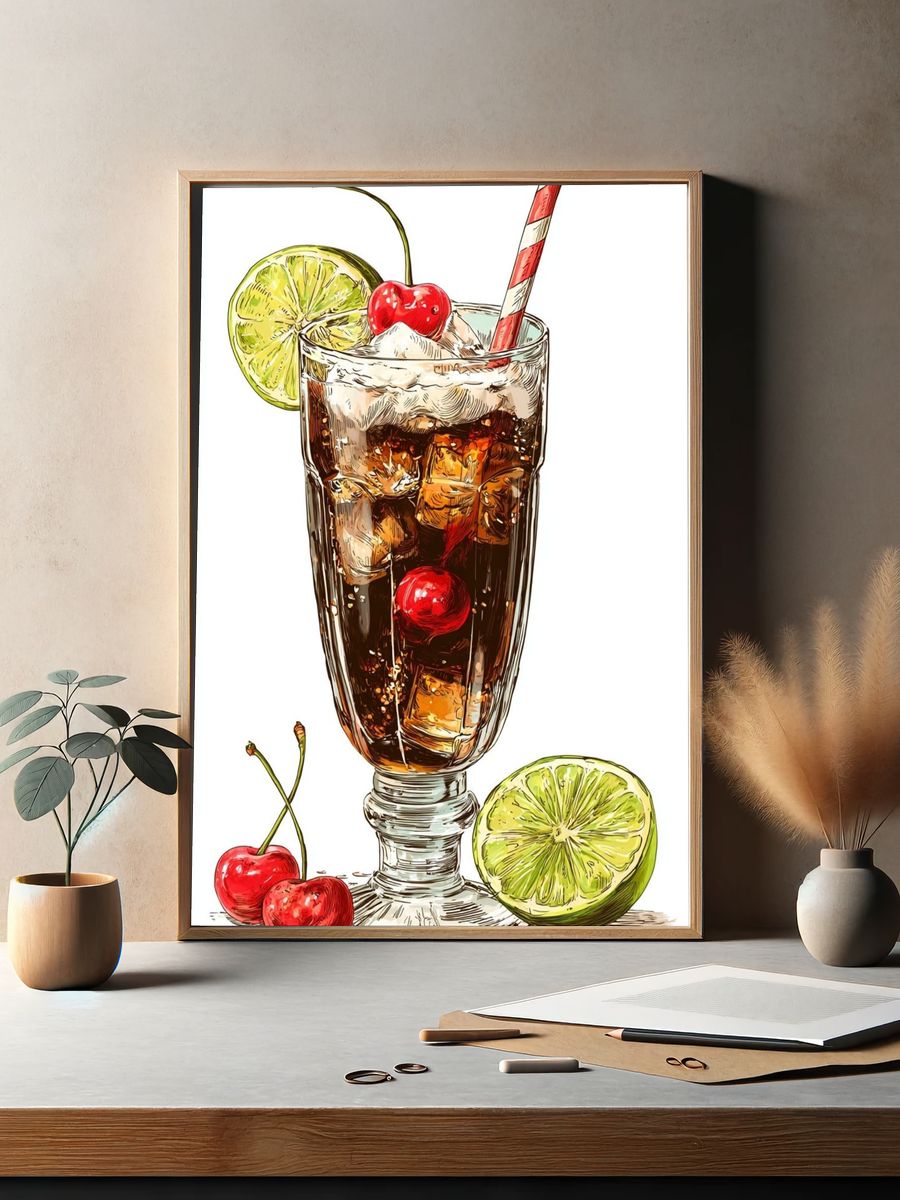 Cherry Cola Cocktail Illustration Print. — room view 2