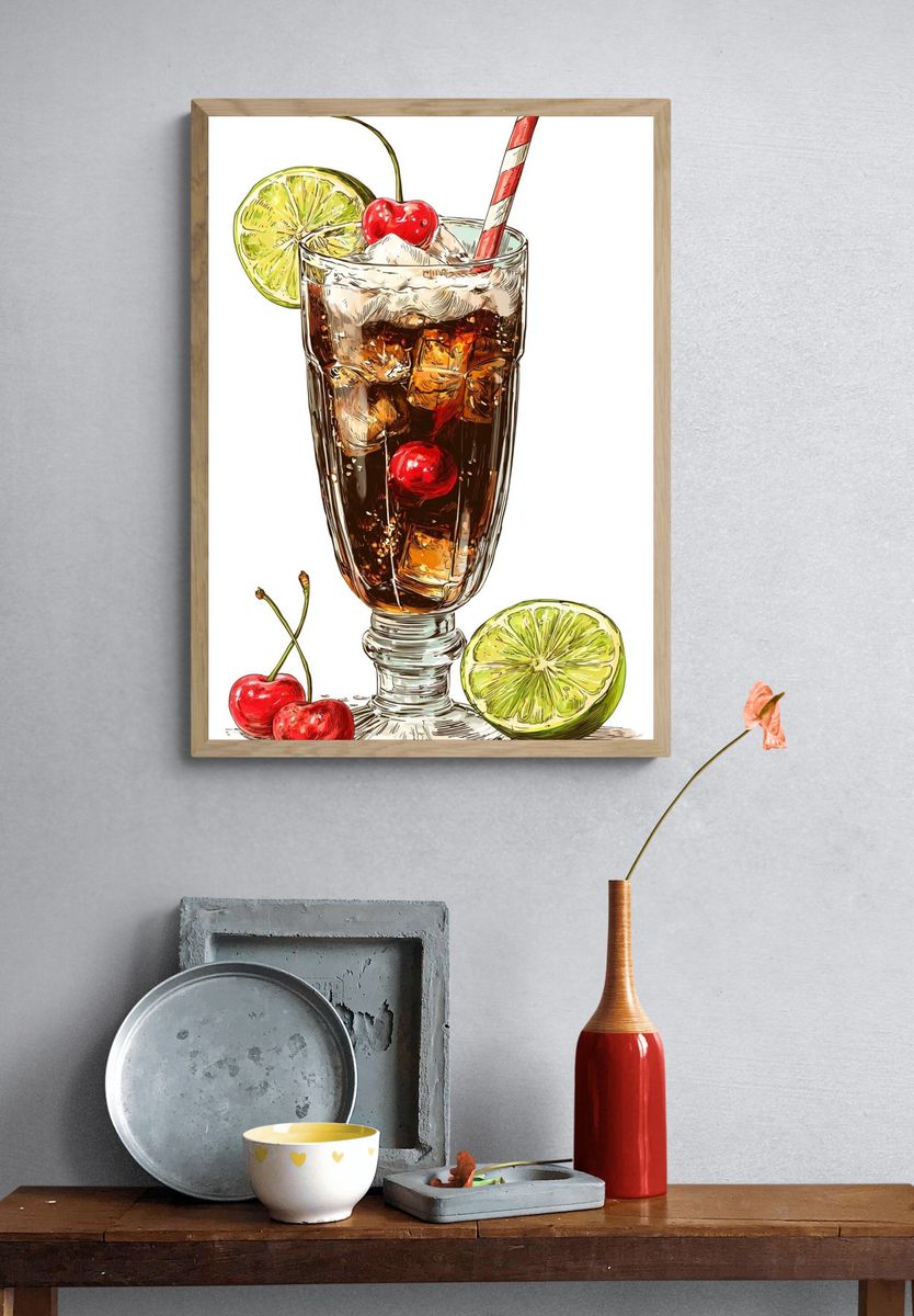 Cherry Cola Cocktail Illustration Print. — room view 3