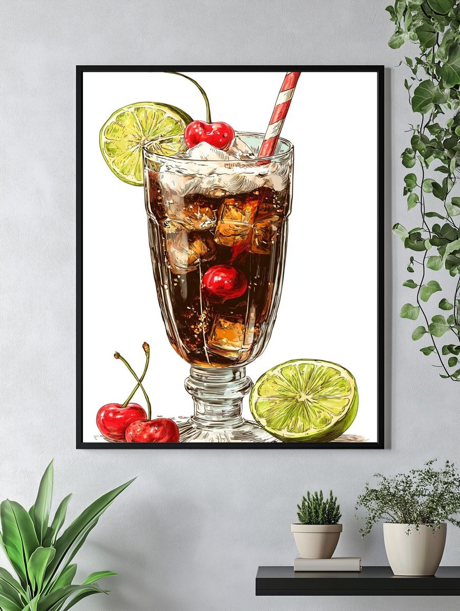 Cherry Cola Cocktail Illustration Print. — room view 4