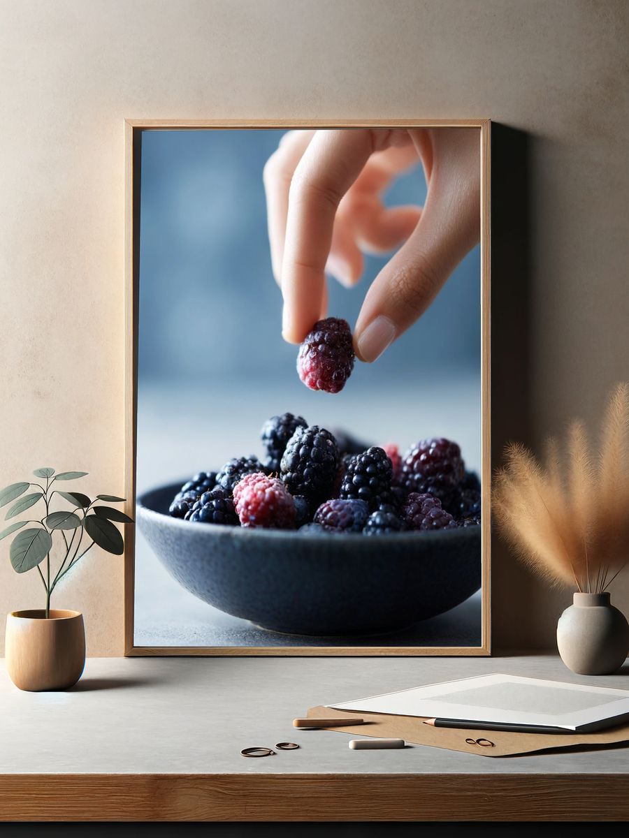 Blackberries in Hand Photography Poster. — room view 2