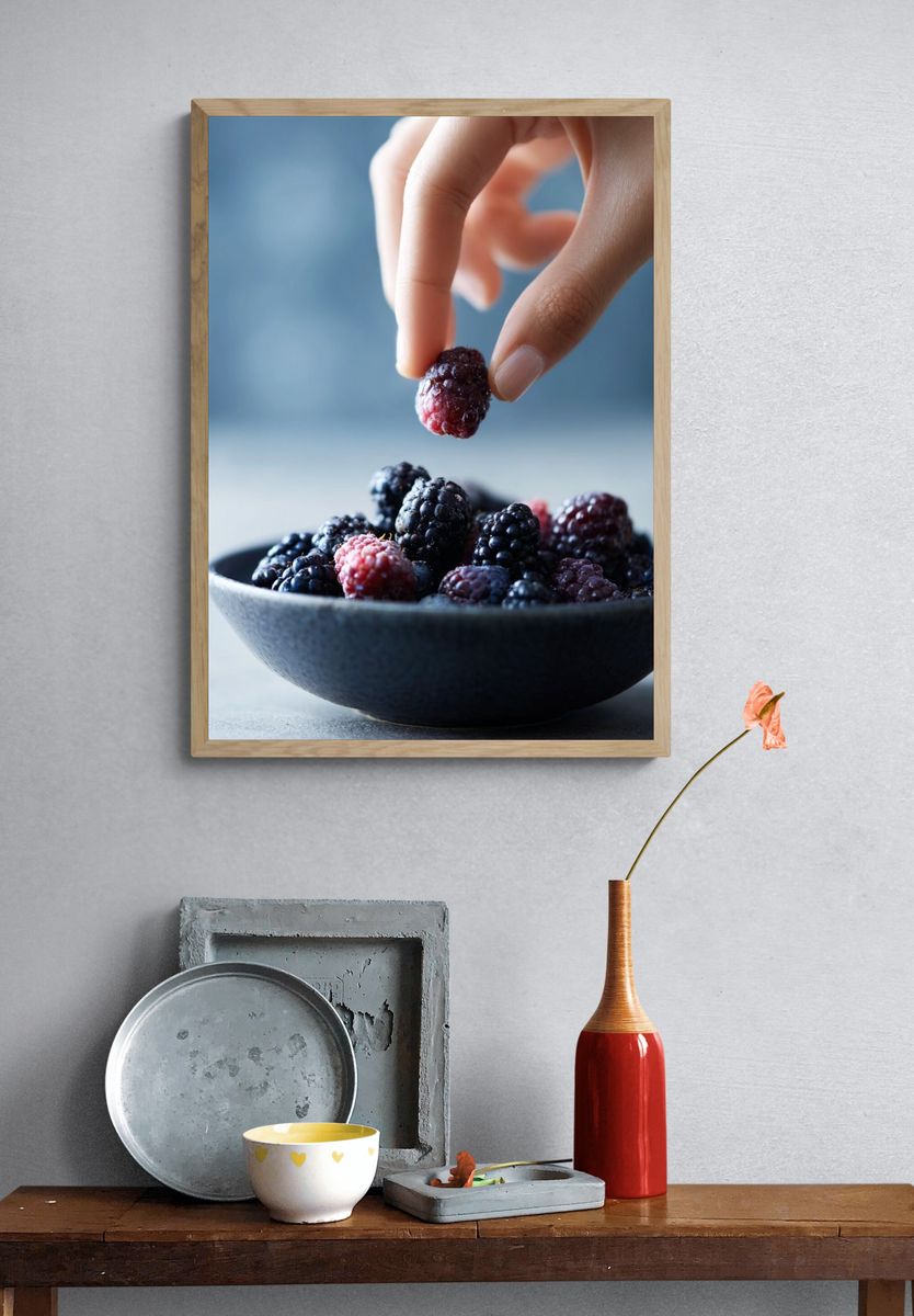 Blackberries in Hand Photography Poster. — room view 3