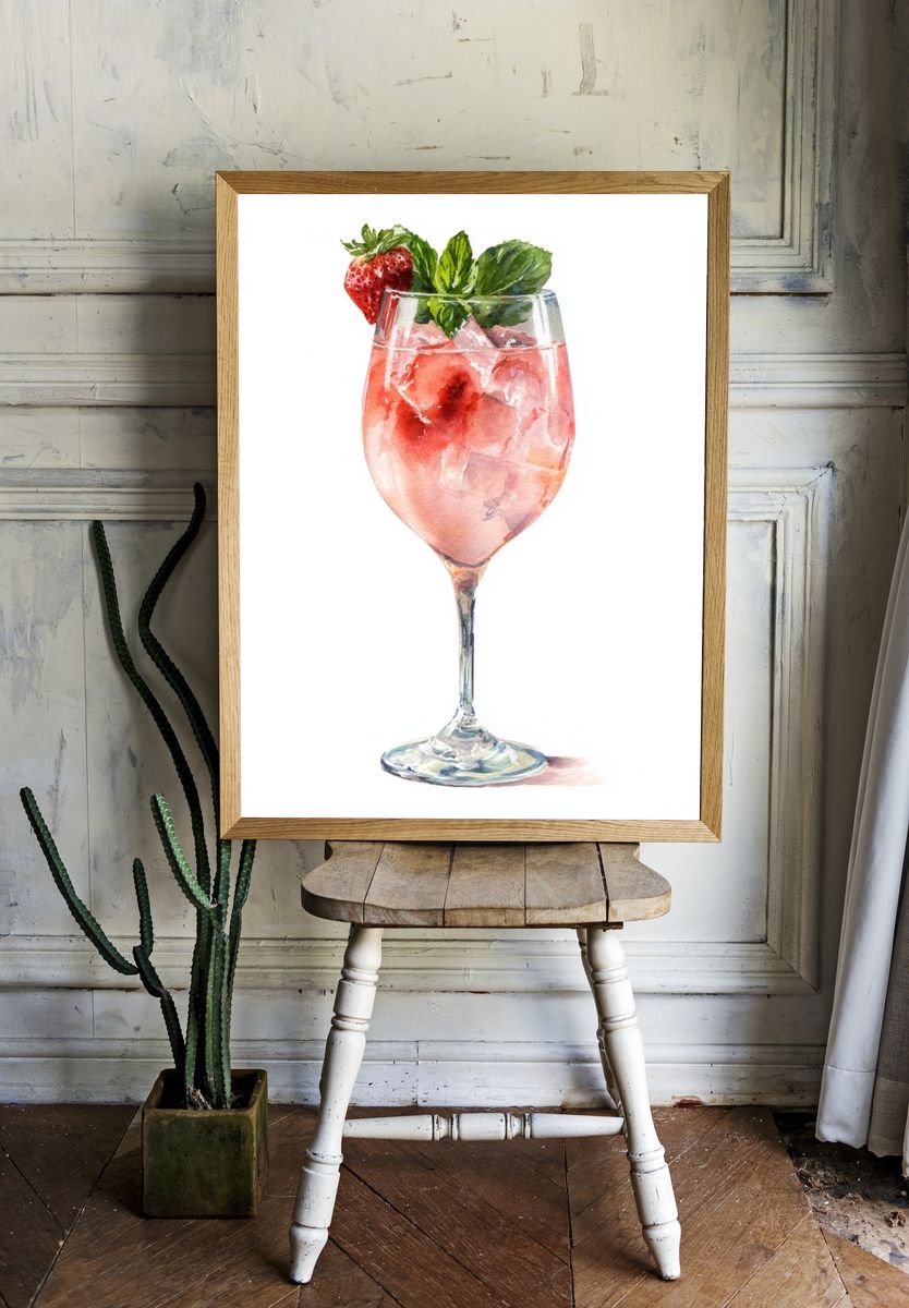 Strawberry Cocktail Watercolor Print. — room view 1