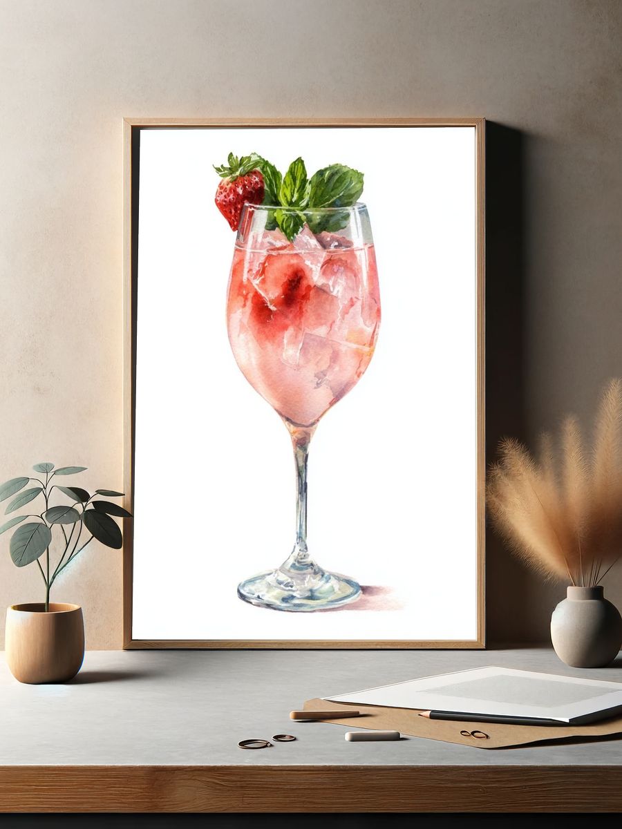 Strawberry Cocktail Watercolor Print. — room view 2