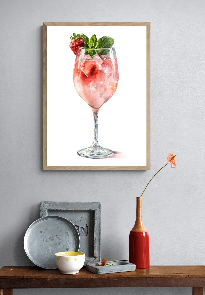 Strawberry Cocktail Watercolor Print. — room view 3