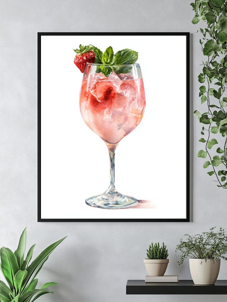 Strawberry Cocktail Watercolor Print. — room view 4