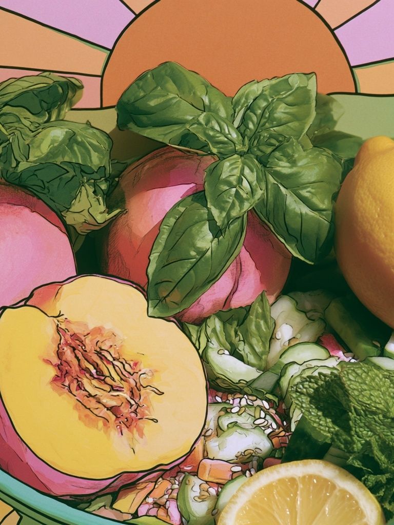 Peach and Basil Still Life Print. poster — food-drink art